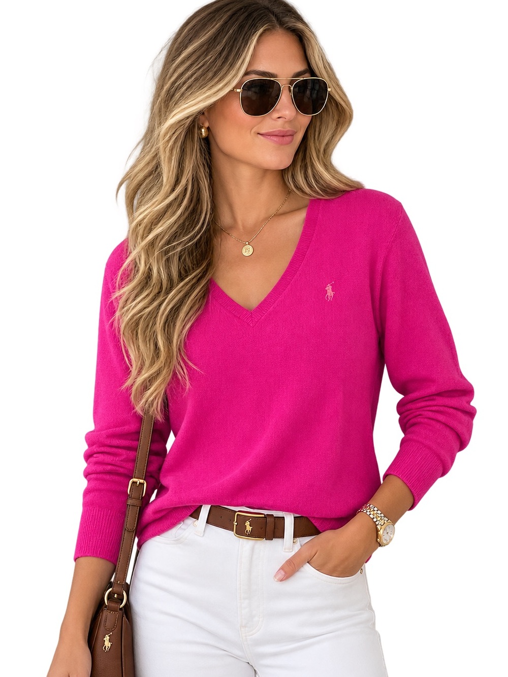 Ralph Lauren Sport Women's V-Neck Sweater in Fuchsia Cotton/Linen blend XL